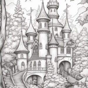 May include: A black and white pencil drawing of a fairytale castle with multiple towers and a bridge leading to the front entrance. The castle is surrounded by trees and a stream.