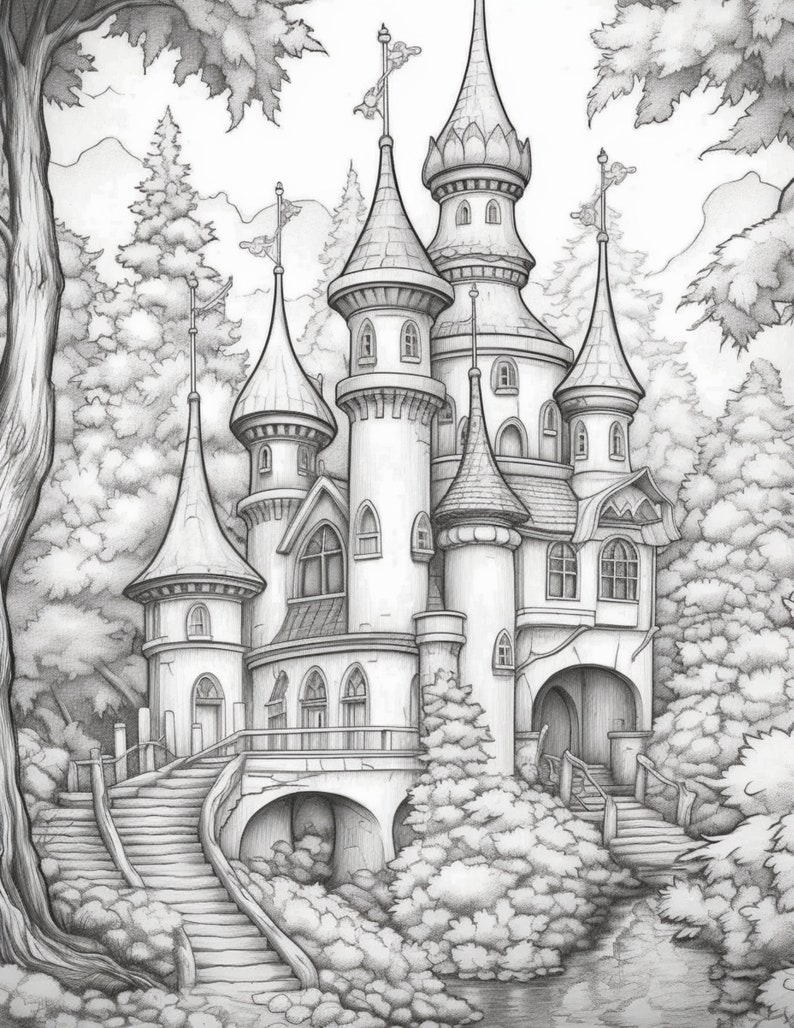 May include: A black and white pencil drawing of a fairytale castle with multiple towers and a bridge leading to the front entrance. The castle is surrounded by trees and a stream.
