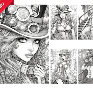 70+ Steampunk Girls Coloring Book - Adults Kids Coloring Pages, Instant Download, Grayscale Coloring Book, Printable PDF File, gift