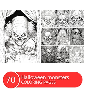 Scary Halloween monsters Coloring Book for Adults and Kids, Grayscale Coloring Pages, Instant Download, Printable PDF File