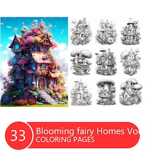 Blooming Fairy Homes Vol 2 Malbuch für Erwachsene und Kinder, Graustufen Malvorlagen, Sofort Download, Druckbare PDF Datei