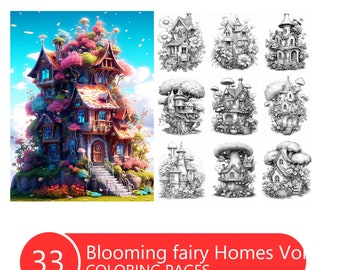 Blooming Fairy Homes Vol 2 Coloring Book for Adults and Kids, Grayscale Coloring Pages, Instant Download, Printable PDF File