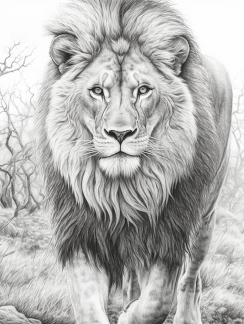 Puede incluir: Dibujo a l&aacute;piz detallado de un le&oacute;n en escala de grises. El le&oacute;n est&aacute; representado de frente, con una melena completa y una mirada concentrada. El fondo presenta &aacute;rboles borrosos y hierba alta, creando un entorno naturalista.