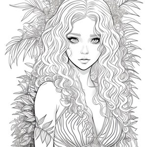 May include: Black and white illustration of a woman with long, wavy hair and a patterned top. The woman is surrounded by detailed floral and leaf elements, creating a botanical theme. The artwork is a detailed line drawing.