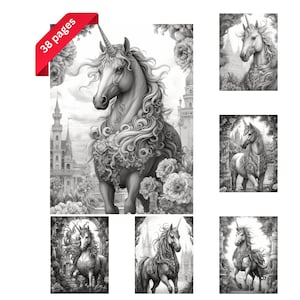 Puede incluir: Ilustraciones en blanco y negro de unicornios en varias poses, ambientadas en fondos de castillos y marcos florales. Las im&aacute;genes son de un libro para colorear con el texto "38 p&aacute;ginas" en una pancarta roja.
