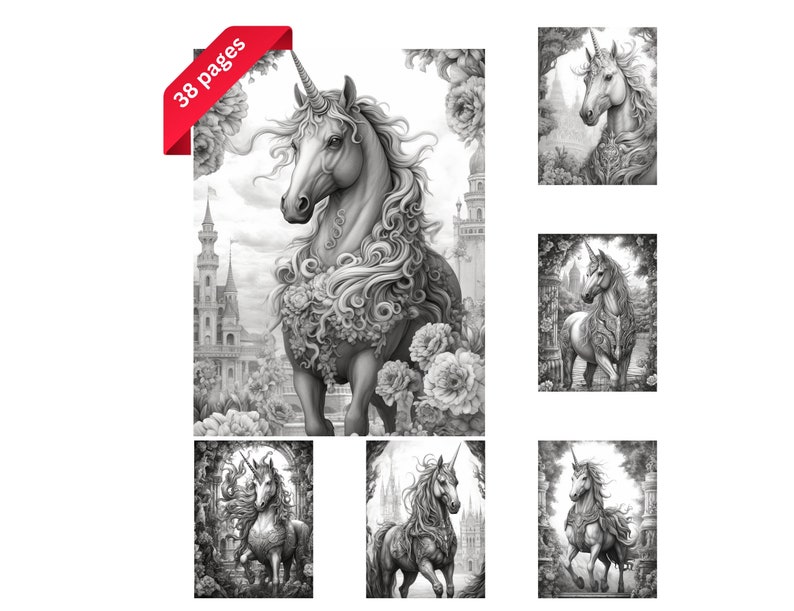 Puede incluir: Ilustraciones en blanco y negro de unicornios en varias poses, ambientadas en fondos de castillos y marcos florales. Las im&aacute;genes son de un libro para colorear con el texto "38 p&aacute;ginas" en una pancarta roja.