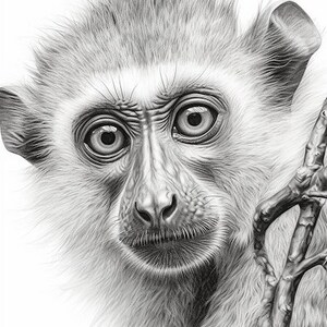Puede incluir: Un detallado dibujo a l&aacute;piz de la cara de un mono, que muestra sus expresivos ojos y su pelaje suave y texturizado. La obra de arte captura los rasgos del mono con precisi&oacute;n, incluyendo su nariz, boca y la rama que est&aacute; sosteniendo.