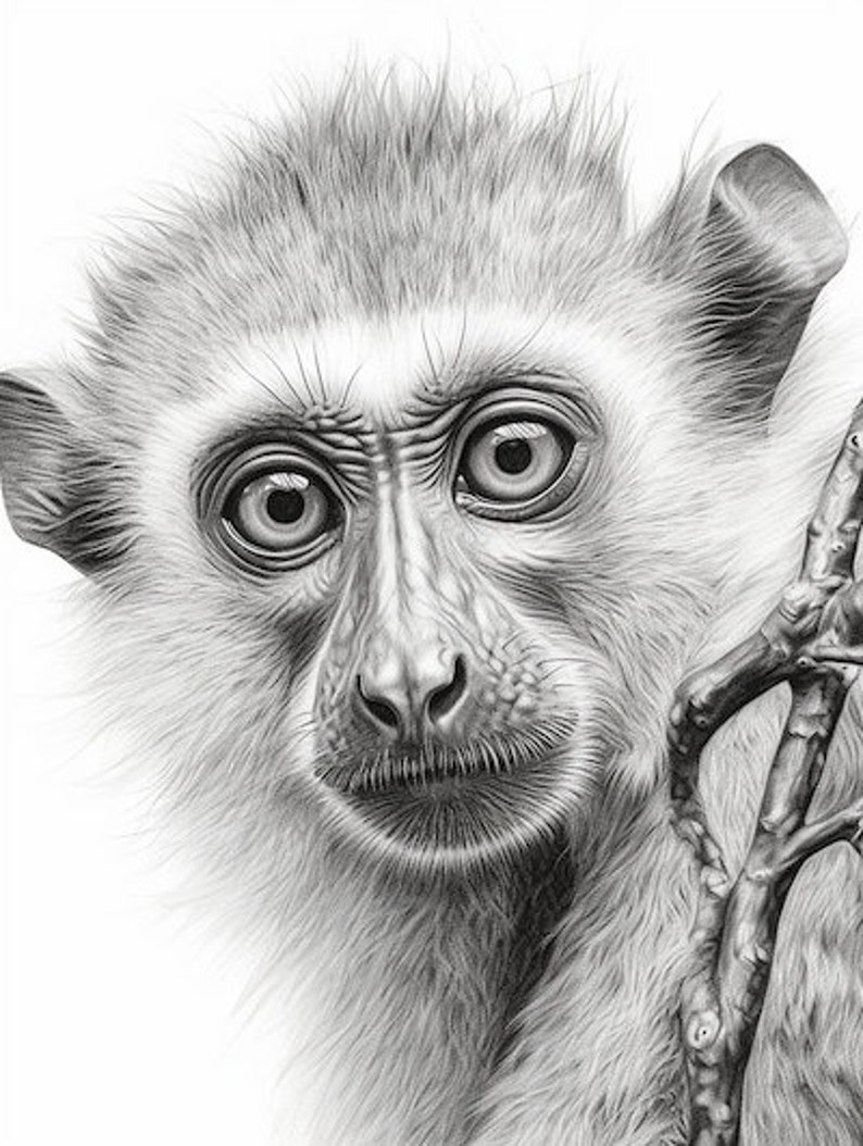 Puede incluir: Un detallado dibujo a l&aacute;piz de la cara de un mono, que muestra sus expresivos ojos y su pelaje suave y texturizado. La obra de arte captura los rasgos del mono con precisi&oacute;n, incluyendo su nariz, boca y la rama que est&aacute; sosteniendo.