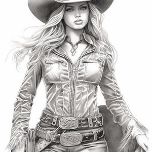 Beautiful Cowgirls Coloring Book for Adults and Kids, Grayscale ...