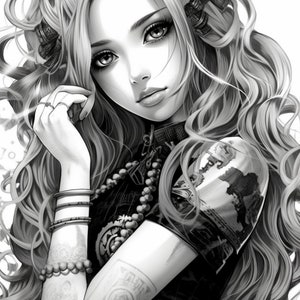 May include: Black and white illustration of a woman with long, flowing hair. She is wearing a black top with a beaded necklace and bracelets. She has a tattoo on her arm.