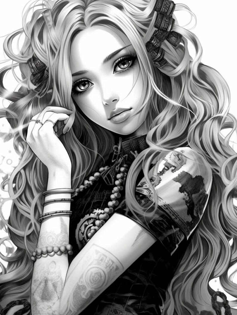 May include: Black and white illustration of a woman with long, flowing hair. She is wearing a black top with a beaded necklace and bracelets. She has a tattoo on her arm.