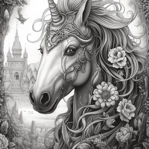 Puede incluir: Ilustraci&oacute;n detallada en escala de grises de un unicornio con un tocado decorativo y una melena fluida. El unicornio est&aacute; rodeado de flores y follaje, con un castillo y un paisaje de fondo. Tema de fantas&iacute;a.