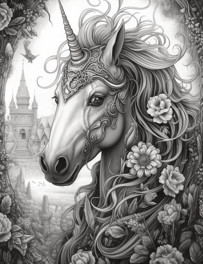 Puede incluir: Ilustraci&oacute;n detallada en escala de grises de un unicornio con un tocado decorativo y una melena fluida. El unicornio est&aacute; rodeado de flores y follaje, con un castillo y un paisaje de fondo. Tema de fantas&iacute;a.