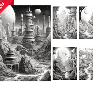 Grayscale Alien Planet Coloring Book: Adult & Teen PDF (Instant Download)
