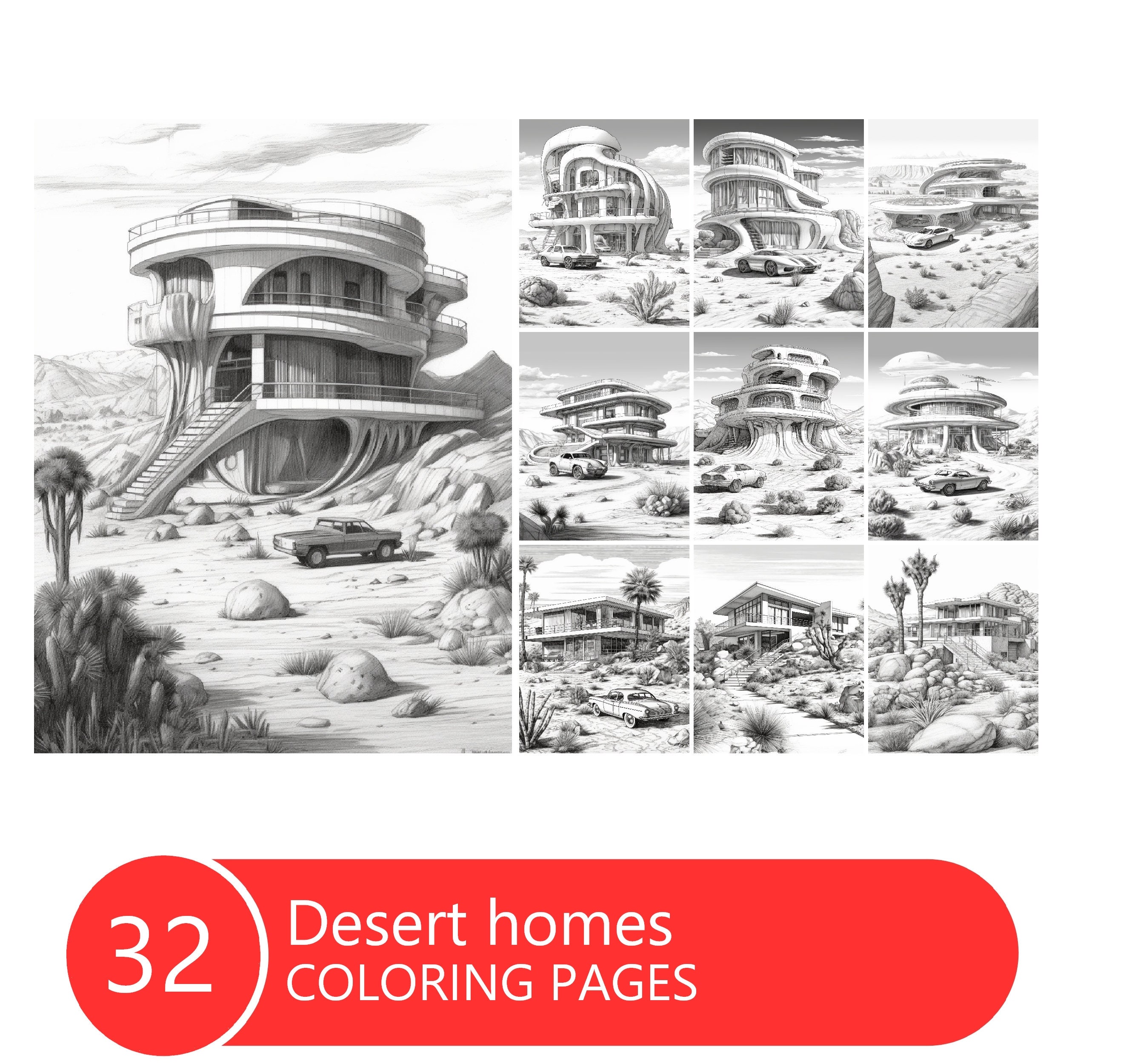 Desert Homes Coloring Book for Adults and Kids, Grayscale Coloring ...