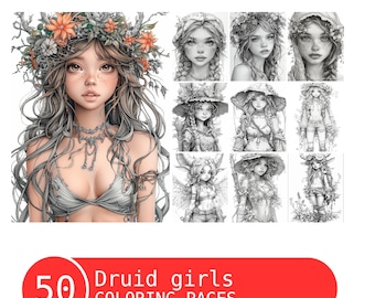 May include: A set of 50 coloring pages featuring illustrations of druid girls. The pages are black and white and feature a variety of poses and expressions.