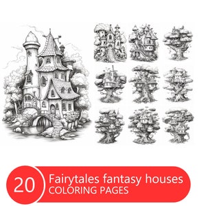 Fairytales Fantasy Houses Coloring Book for Adults and Kids, Grayscale Coloring Pages, Instant Download, Printable PDF File