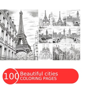 Beautiful Cities and Landscapes Coloring Book for Adults and Kids, Grayscale Coloring Pages, Instant Download, Printable PDF File