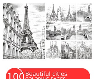 May include: A black and white illustration of 100 coloring pages featuring famous landmarks from around the world. The image shows a collage of nine different cityscapes, including the Eiffel Tower, Big Ben, and the Sagrada Familia.