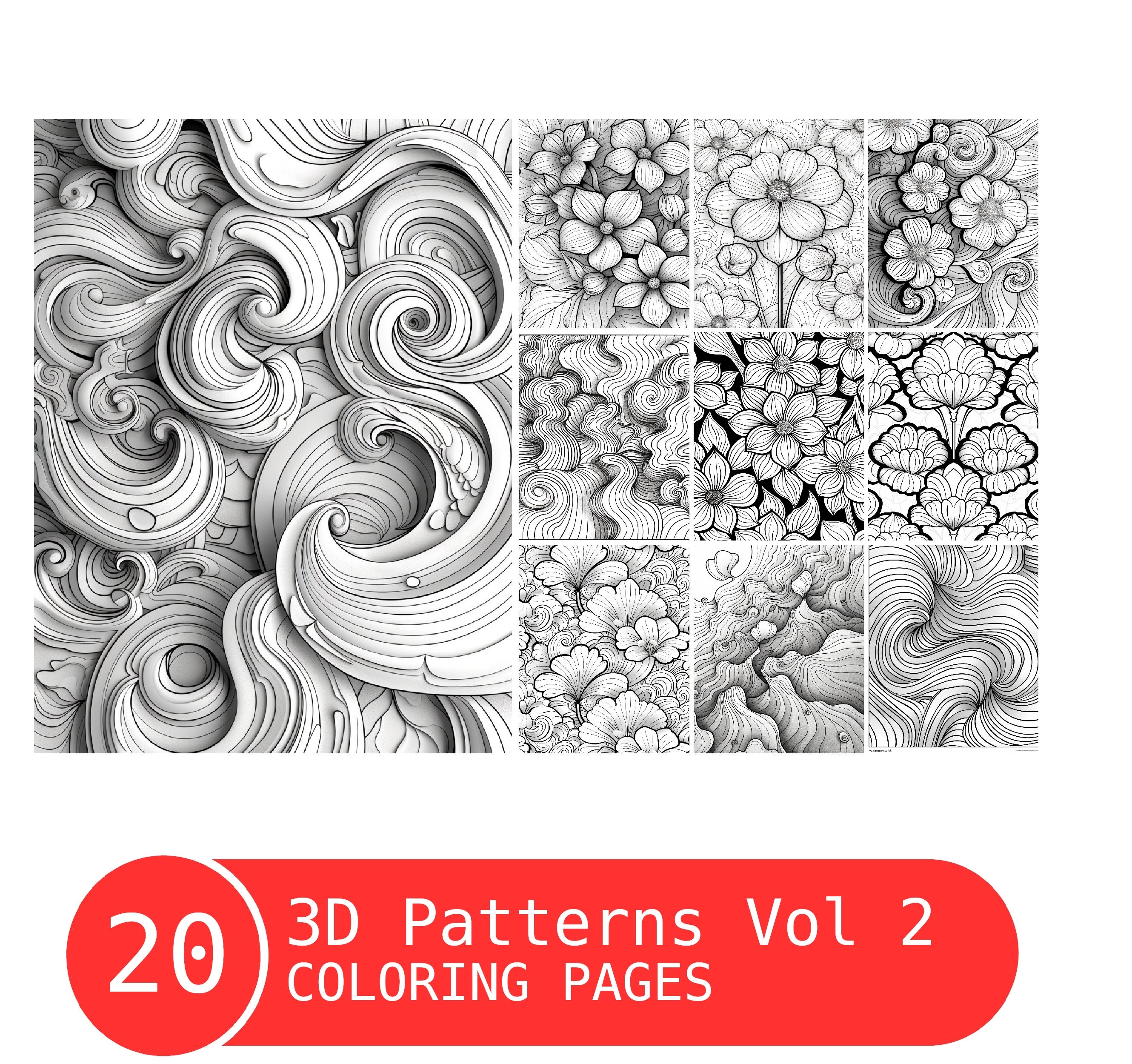 3D Patterns Coloring Book: Grayscale Optical Illusions (printable PDF ...