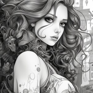 May include: A black and white illustration of a woman with long, flowing hair. She is wearing a futuristic-looking outfit with intricate details. The background is a blurry image of a mechanical structure.