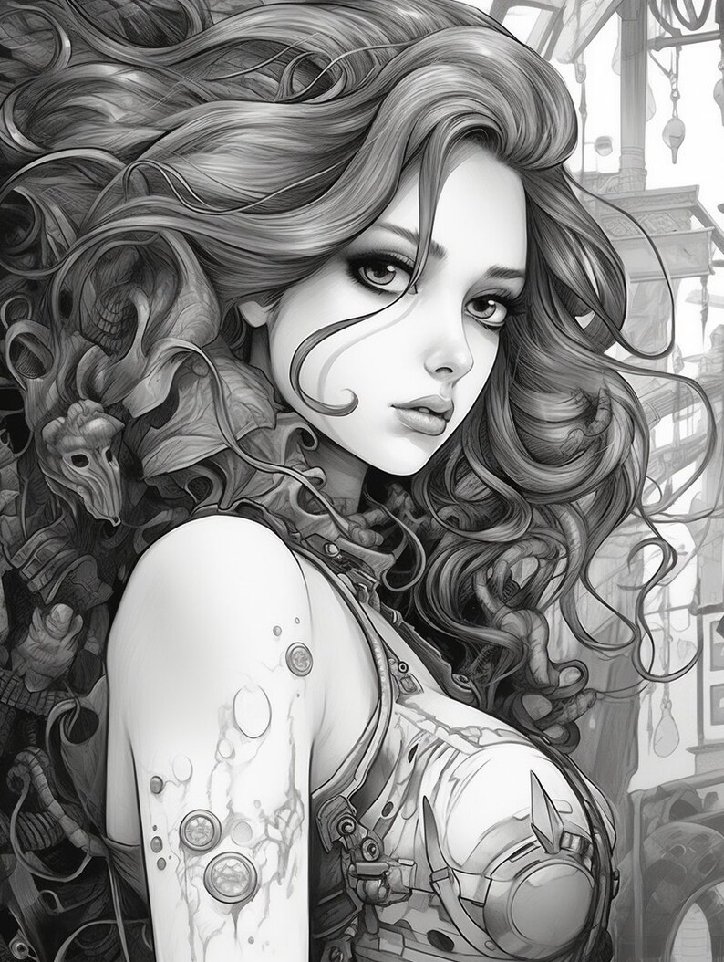 May include: A black and white illustration of a woman with long, flowing hair. She is wearing a futuristic-looking outfit with intricate details. The background is a blurry image of a mechanical structure.