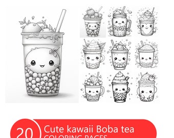 Lindo libro para colorear de té boba kawaii para adultos y niños, páginas para colorear en escala de grises, descarga instantánea, archivo PDF imprimible