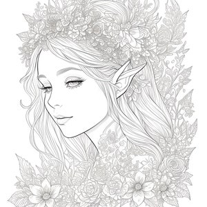 May include: A detailed black and white illustration of a woman with long, flowing hair and pointed ears, adorned with a floral crown and surrounded by flowers. The artwork has a delicate, ethereal quality, perfect for coloring or artistic projects.