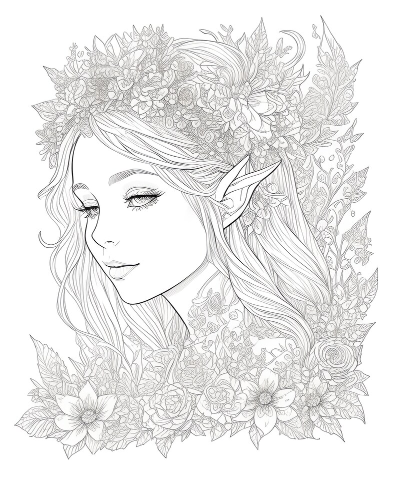 May include: A detailed black and white illustration of a woman with long, flowing hair and pointed ears, adorned with a floral crown and surrounded by flowers. The artwork has a delicate, ethereal quality, perfect for coloring or artistic projects.