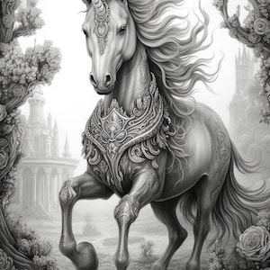 Puede incluir: Ilustraci&oacute;n detallada en escala de grises de un unicornio con un cuerno en espiral y una melena fluida. El unicornio est&aacute; adornado con una armadura ornamentada y se encuentra en un entorno forestal m&iacute;stico, con un castillo al fondo.