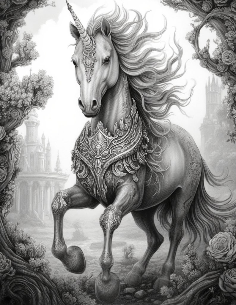 Puede incluir: Ilustraci&oacute;n detallada en escala de grises de un unicornio con un cuerno en espiral y una melena fluida. El unicornio est&aacute; adornado con una armadura ornamentada y se encuentra en un entorno forestal m&iacute;stico, con un castillo al fondo.