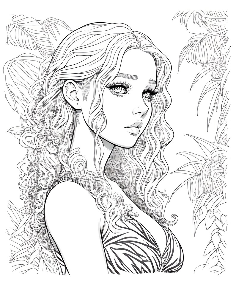 May include: Black and white line art illustration of a woman with long, wavy hair and a patterned top. The artwork features detailed facial features and is surrounded by stylized foliage, creating a serene and artistic composition.