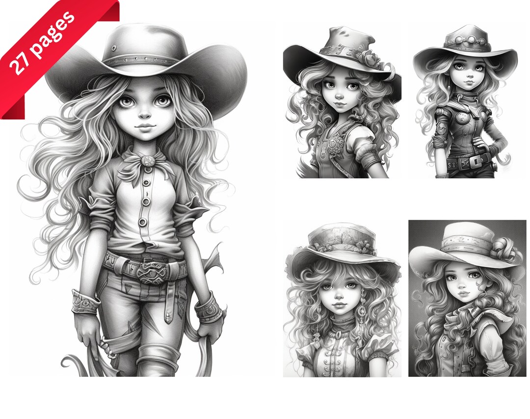Cowgirls Coloring Page for Adults and Kids, Fantasy, Instant Download