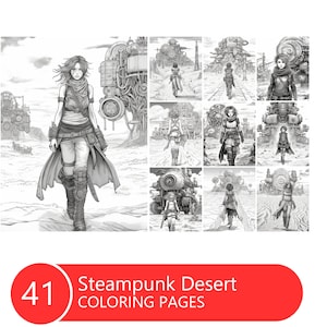 Steampunk Desert Coloring Book for Adults and Kids, Grayscale  Coloring Pages, Instant Download, Printable PDF File