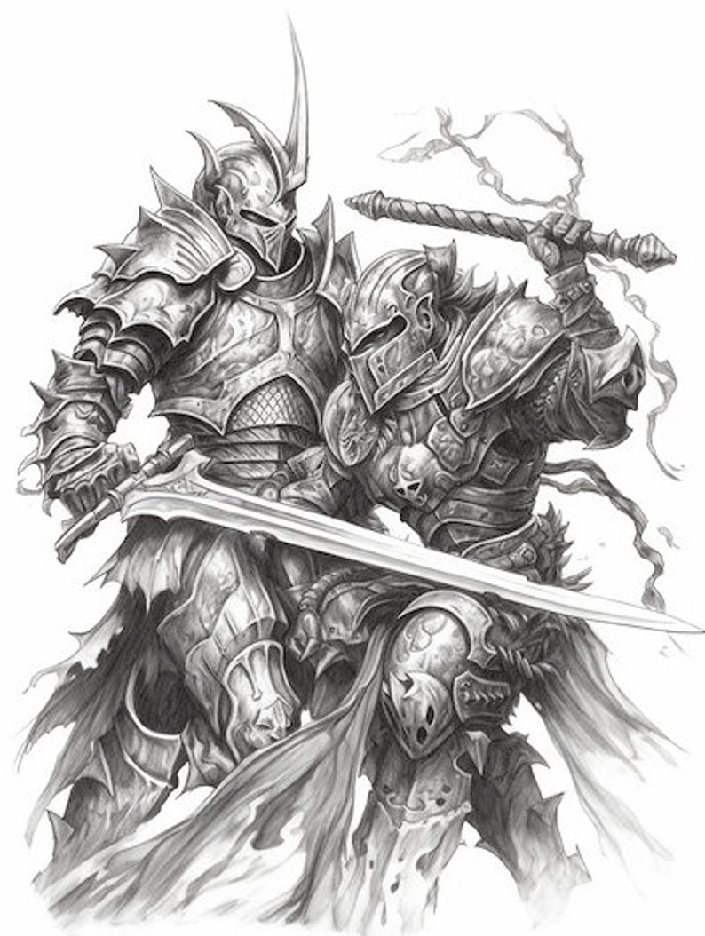 Knights Coloring Book Grayscale Medieval Illustrations (printable PDF