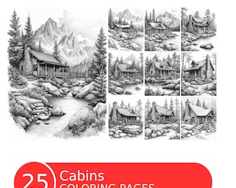 Cabins Coloring Book for Adults and Kids, Grayscale Coloring Pages, Instant Download, Printable PDF File