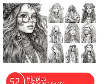 Hippies Grayscale Coloring Book: 60s & 70s Nostalgia (Printable PDF)