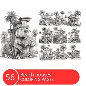 Beach Houses Coloring Book for Adults and Kids, Grayscale Coloring Pages, Instant Download, Printable PDF File