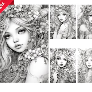 60+ Forest Fairy Girl Coloring Pages for Fantasy Fans Adults+kids Set 2 - Instant Download - Grayscale Coloring Pages - relax gift