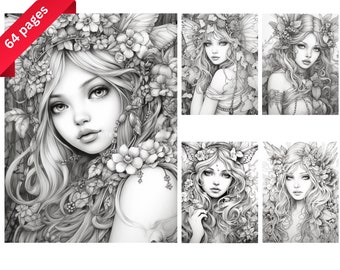 Forest Fairy Grayscale Coloring Pages: Fantasy Art for Adults & Kids (Instant Download)