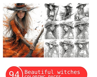Beautiful Witches Coloring Book for Adults and Kids, Grayscale Coloring Pages, Instant Download, Printable PDF File