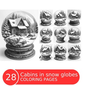 Cabanes dans des boules à neige, livre de coloriage pour adultes et enfants, pages à colorier en niveaux de gris, téléchargement immédiat, fichier PDF imprimable