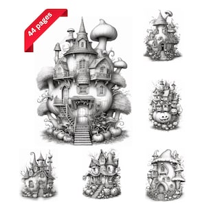 Pumpkin House Grayscale Coloring Pages, Adults and Kids Coloring Book, PDF Printable coloring pages, Instant download
