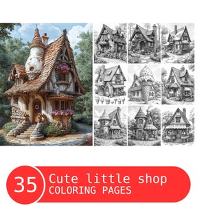 Cute little shop Coloring Book for Adults and Kids, Grayscale Coloring Pages, Instant Download, Printable PDF File