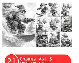 May include: Black and white illustrations of gnomes in various scenes, including snowboarding, holding balloons, and playing music. The image includes the text "21 Gnomes Vol 5 COLORING PAGES" in a red rounded rectangle.