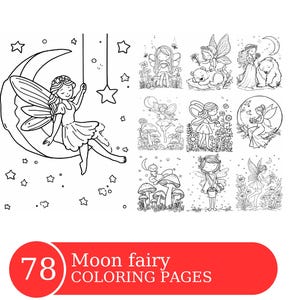 Moon Fairy Coloring Book for Kids, Grayscale Coloring Pages, Instant Download, Printable PDF File