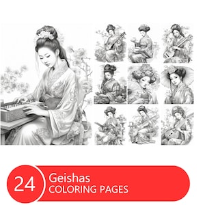 Geishas Coloring Book for Adults and Kids, Grayscale  Coloring Pages, Instant Download, Printable PDF File
