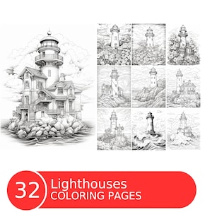 Lighthouses Coloring Book for Adults and Kids, Grayscale Coloring Pages, Instant Download, Printable PDF File