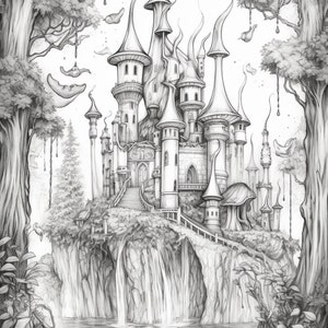May include: A black and white pencil drawing of a whimsical castle perched on a cliff overlooking a lake. The castle has many towers and spires, and is surrounded by trees and vines. The drawing is detailed and intricate, and captures the beauty of a fantastical world.