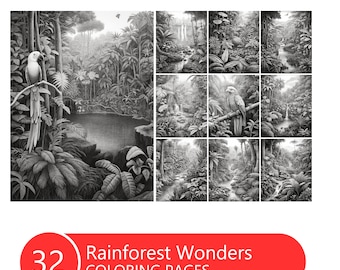 Puede incluir: Un conjunto de 32 páginas para colorear de Rainforest Wonders. Las ilustraciones en blanco y negro representan exuberantes escenas de selva tropical con loros, cascadas y follaje denso. Las páginas están dispuestas en una cuadrícula, con una pancarta roja en la parte inferior.